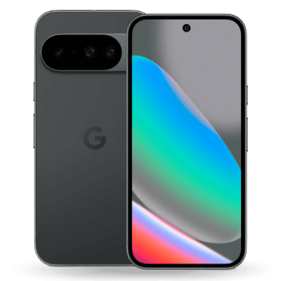 Front and back view of a grey Google Pixel 9 Pro. The left device shows the matte rear with its horizontal triple-camera bar and "G" logo; the right one shows the front display with a colorful abstract wallpaper and a centered hole-punch camera.