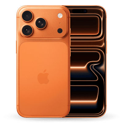 Front and back view of a burnt orange iPhone 17 Pro. The left shows the rear triple-camera system and Apple logo; the right shows the front display with a pill-shaped cutout and a unique circular interface element.