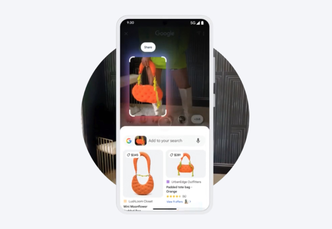 A smartphone using Google Circle to Search to identify a bright orange padded shoulder bag, displaying matching shopping results with prices at the bottom.