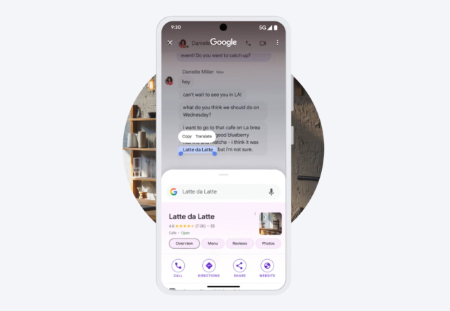 A smartphone using Google Circle to Search to select text reading "Latte da Latte" in a message, opening a business information card for the cafe at the bottom of the screen.