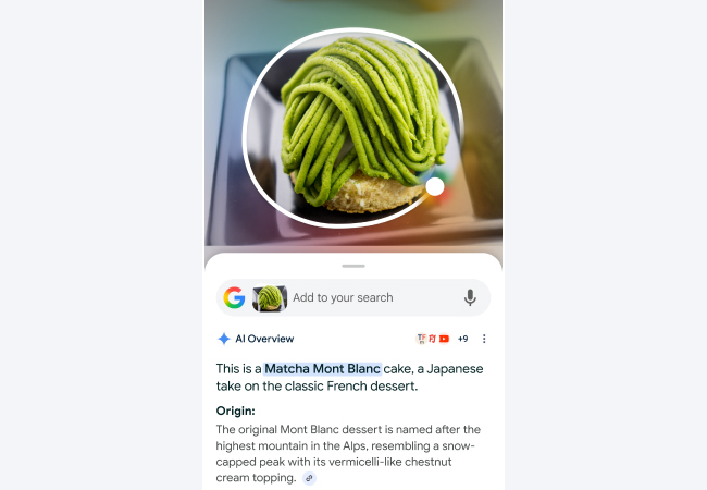 A screenshot of a mobile Google Lens search identifying a Matcha Mont Blanc dessert topped with piped green matcha cream.