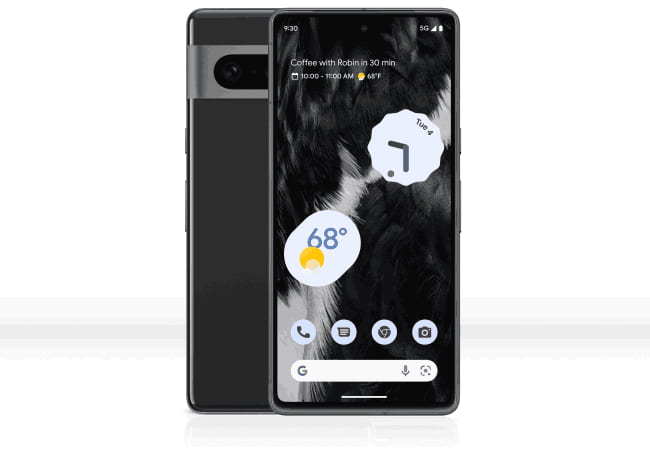 Two black Google Pixel phones are displayed, one showing its back with a camera bar, and the other its screen with widgets and app icons.