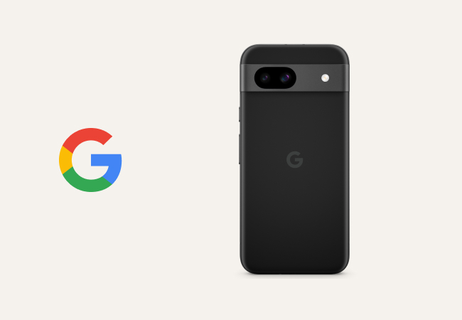 A black Google Pixel phone is shown from the back, displaying its camera bar and the Google logo, next to a large colorful Google "G" logo.
