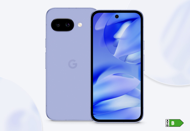 Front and back view of a purple Google Pixel 9a. The back features a camera module with dual lenses, a flash, and the central "G" logo. The front shows a display with a hole-punch camera and a blue abstract wallpaper.
