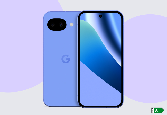 Front and back views of a Lavender Google Pixel 10a. The back shows a horizontal dual-camera pill and "G" logo; the front shows a full-screen display with a punch-hole camera and blue abstract wallpaper.