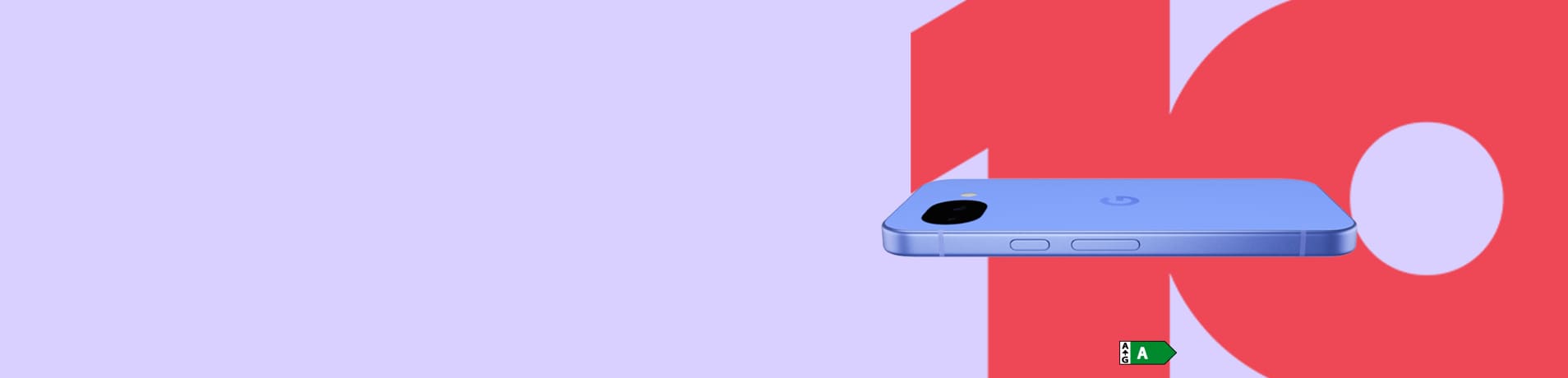 A side-profile view of a Lavender Google Pixel 10a floating horizontally. Behind the phone is a large, stylized number "10" in bold red against a light lavender background. A small green "Class A" energy rating icon is just below the device.