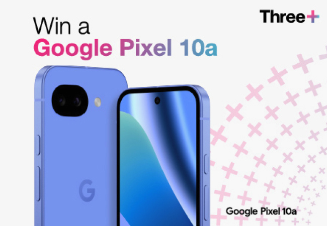 Front and back views of a Lavender blue Google Pixel 10a with the text "Win a Google Pixel 10a" above them and the Three+ logo to the right.