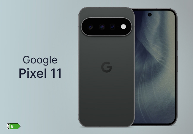 Google Pixel 11 shown from the front and back in a dark finish