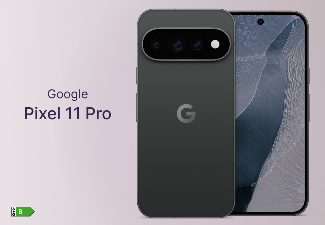 Google Pixel 11 Pro shown from the front and back in a dark finish