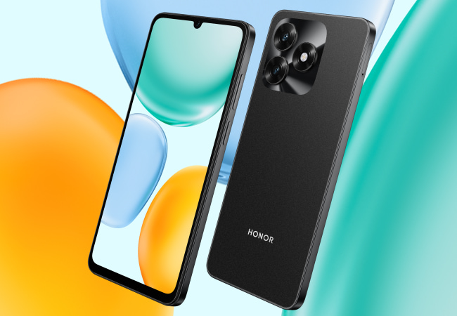 A black Honor X5C Plus smartphone is displayed in two views on a colorful, abstract background.