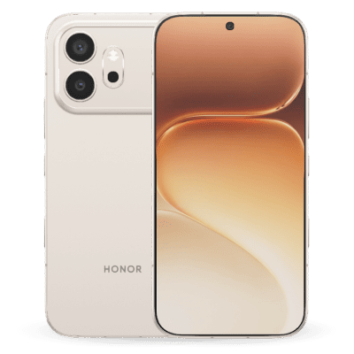 Front and back view of a light cream Honor smartphone with a rear dual camera module and a warm golden wallpaper.