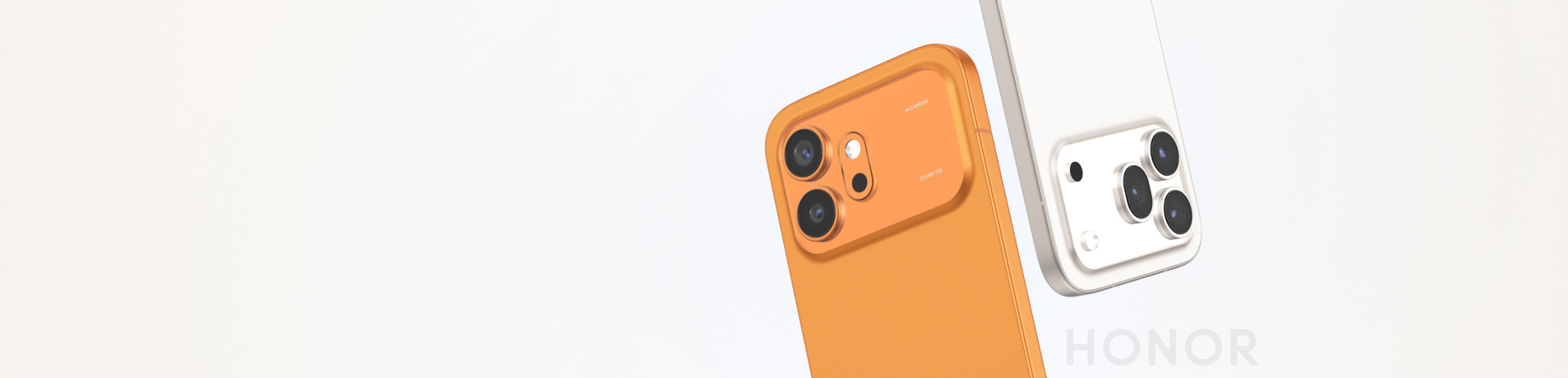 Angled rear view of two Honor smartphones: an orange phone in the foreground with a dual-camera island and a silver phone behind it with a triple-camera setup.