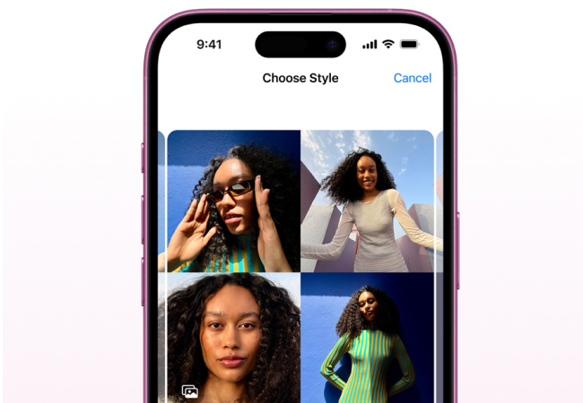 A smartphone screen shows a "Choose Style" menu with four different portrait photos of women.