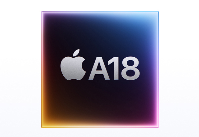 A black square with a glowing, colorful border displays the Apple logo and "A18" in white text.