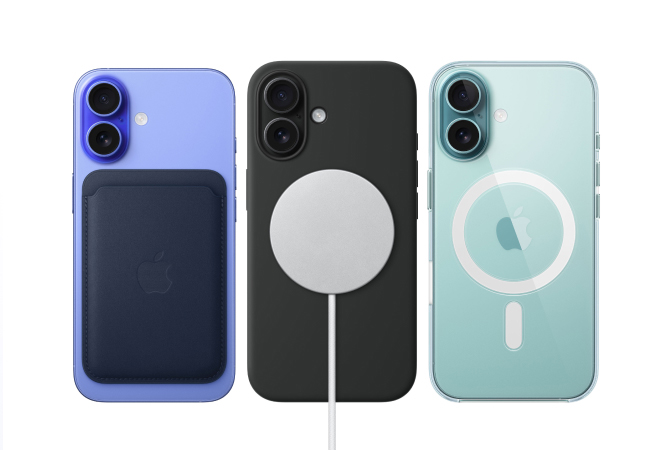  Three iPhone 16s in different colors (purple, black, and mint green) showcase various accessories on their backs.