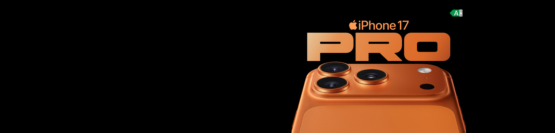 An image of the iPhone 17 Pro on a black background. The phone is in a cosmic orange color, positioned in the bottom right corner. Above the phone, large, stylized text reads "iPhone 17 PRO."