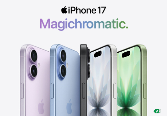 Image for iPhone 17 showing four iPhone 17 phones in purple, blue, black, and green, with "Magichromatic" branding.