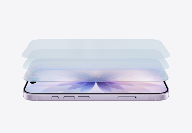  A lavender-colored iPhone 17 is shown with its display screen layers floating above it. The layers are semi-transparent.
