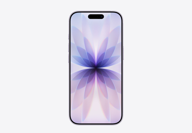  A full-screen view of a lavender iPhone 17. The screen displays a wallpaper with an abstract, symmetrical, floral pattern in shades of purple and white