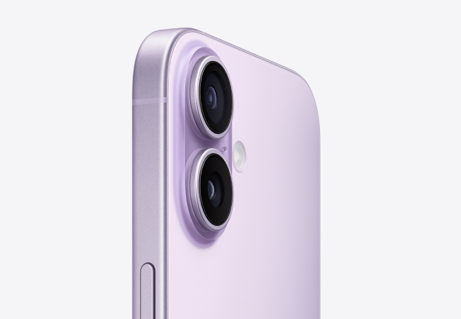  A close-up, angled view of the back of a lavender iPhone 17, focusing on the dual-camera system.