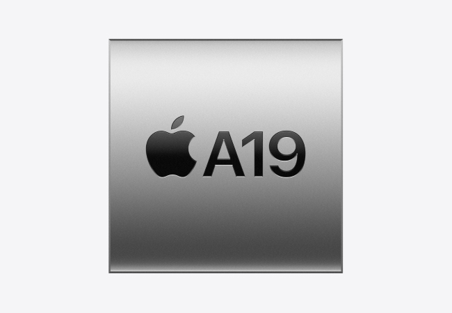A gray-scale image of a metal-like surface. In the center, the Apple logo is visible to the left of the large, bold text "A19".