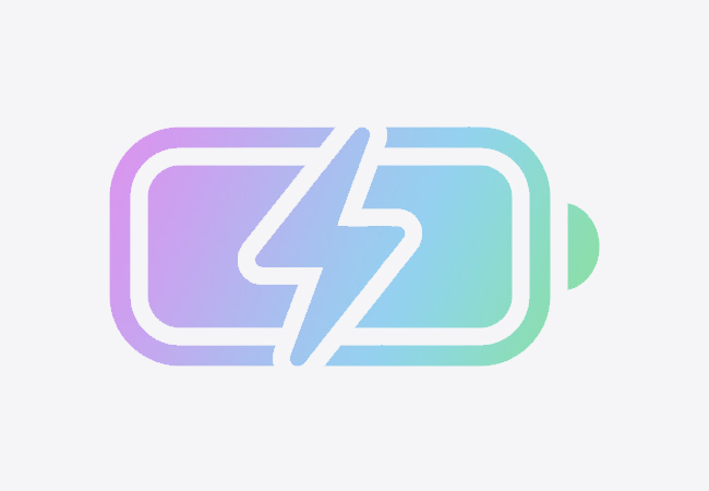 A battery icon with a purple, blue, and green gradient, featuring a lightning bolt symbol in the center.