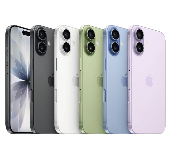 Image for iPhone 17 showing six iPhone 17 phones in lavender, blue, green, white and black.