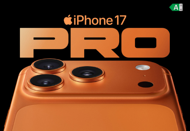 An image of the iPhone 17 Pro on a black background. The phone is in a cosmic orange color, positioned in the centre. Above the phone, large, stylized text reads "iPhone 17 PRO."