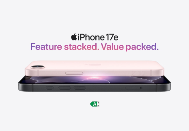 iPhone 17e featuring two phones stacked horizontally to show their slim side profiles. One phone is light pink and the other is dark gray. Centered text above reads, "iPhone 17e. Feature stacked. Value packed."
