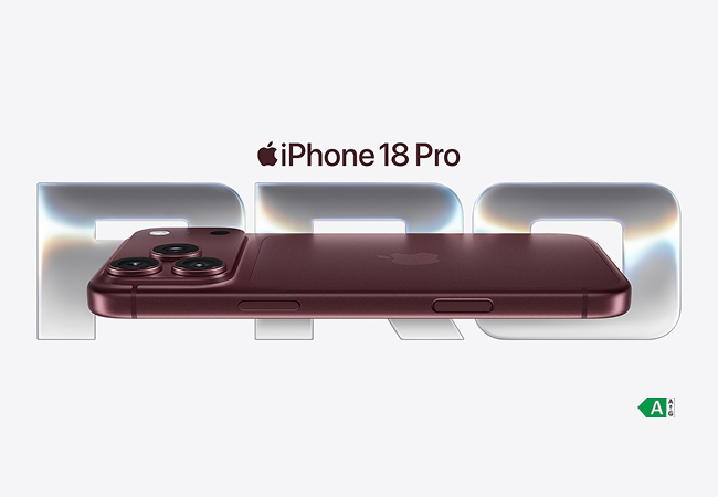 Promotional banner for the Apple iPhone 18 Pro featuring a side profile of a burgundy-colored iPhone 18 Pro lying horizontally in front of the word "PRO" written in large, reflective metallic block letters.