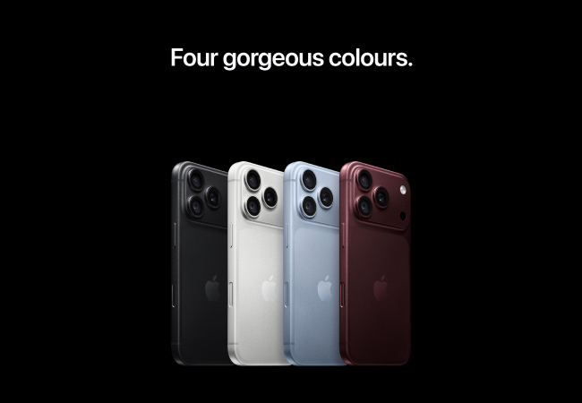 Four iPhone 18 Pro smartphones in black, white, light blue, and burgandy stand in a row against a black background below text reading "Four gorgeous colours."