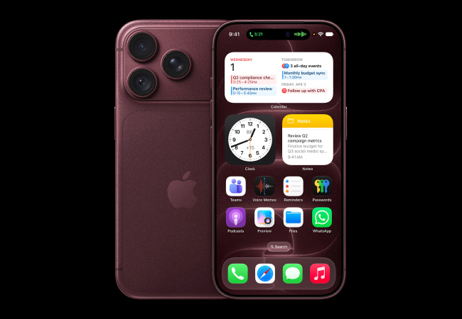 The front and back of a deep burgundy iPhone 18 Pro side-by-side, displaying the home screen with iOS widgets on the front and the triple-lens camera bump on the back.