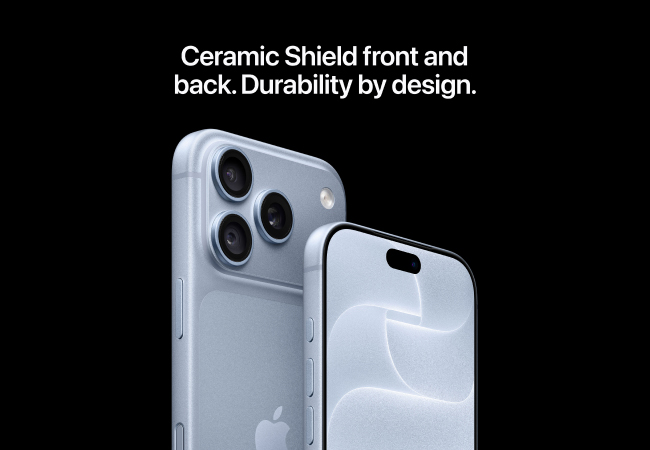 A promotional graphic showing the front and back upper corners of a glacier blue iPhone 18 Pro, accompanied by headline text reading "Ceramic Shield front and back. Durability by design."