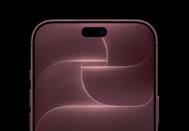 A close-up view of a burgundy iPhone 18 Pro highlighting the top half of the screen, the Dynamic Island cutout, and an abstract, swirling background pattern.