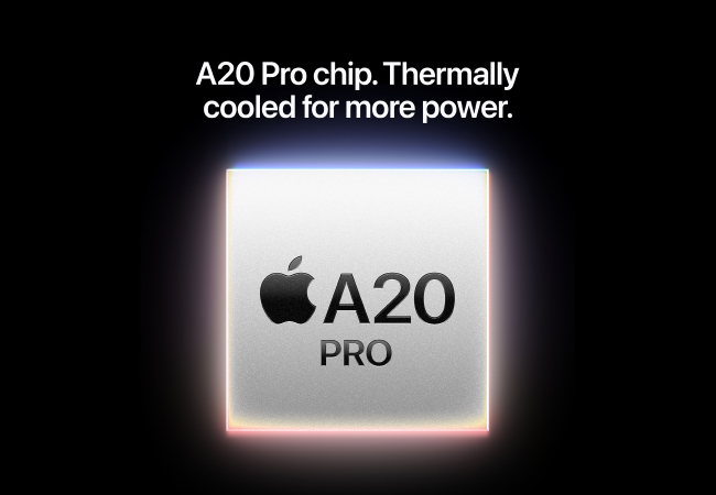 A square metallic Apple A20 Pro processor chip glowing with a colorful gradient border set against a black background, accompanied by headline text reading "A20 Pro chip. Thermally cooled for more power."