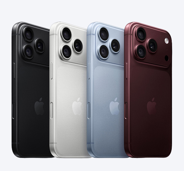 Four iPhone 18 Pro smartphones lined up vertically side-by-side, showcasing color options in space black, silver, light blue, and deep burgundy, highlighting their updated horizontal rear camera bump.