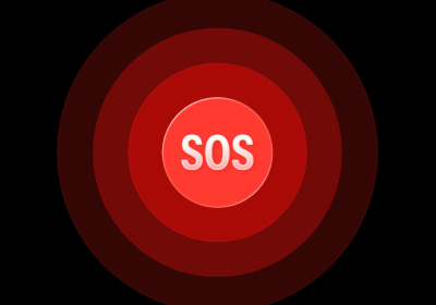 An Emergency SOS graphic featuring a bright red circular button with bold white "SOS" text at the center, surrounded by expanding concentric red radar waves against a black background.