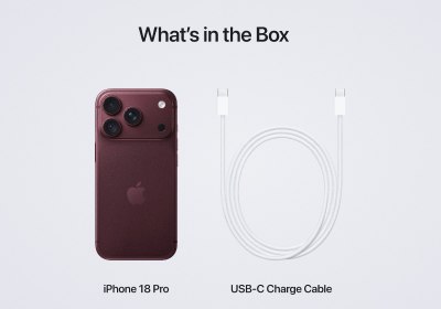 An Apple "What’s in the Box" product layout featuring a deep burgundy iPhone 18 Pro alongside a coiled white USB-C charging cable against a light grey background.