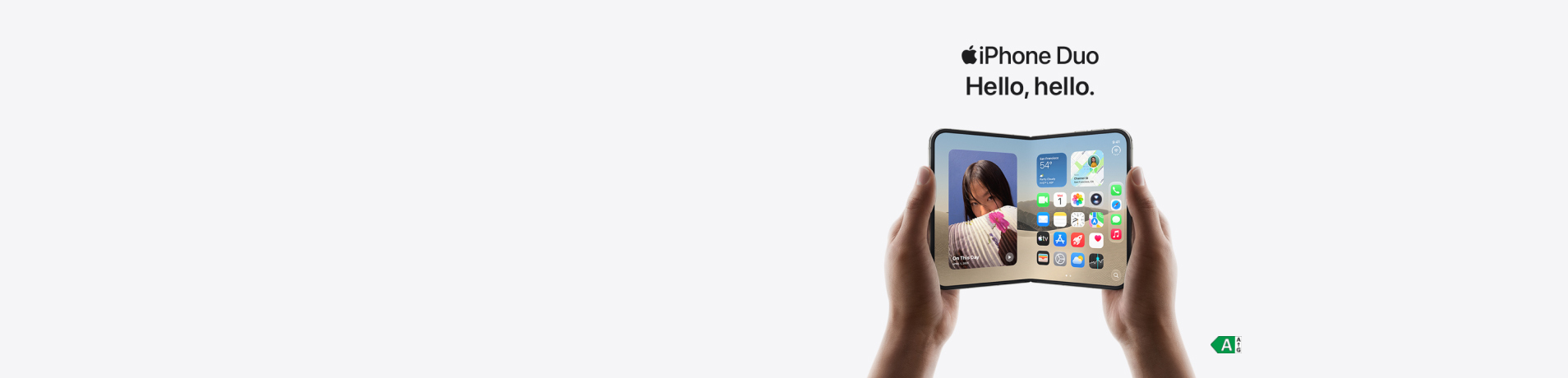 Hands holding an open, folding Apple iPhone Duo displaying iOS apps and photos, under the text "iPhone Duo: Hello, hello." on a white background.