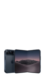 Two dark grey iPhone Duo devices shown side-by-side against a plain white background, one folded showing the rear camera module and Apple logo, and the other partially open displaying a dark desert landscape wallpaper.