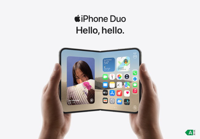 Hands holding an open, folding Apple iPhone Duo displaying iOS apps and photos, under the text "iPhone Duo: Hello, hello." on a white background.