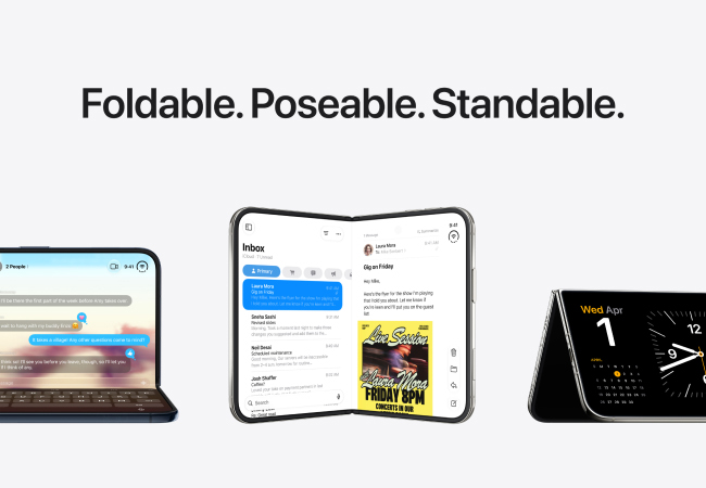 Promotional graphic displaying three iPhone Duo foldables in different configurations under the text "Foldable. Poseable. Standable." against a plain white background.
