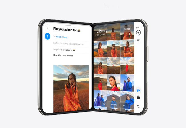 An open iPhone Duo displaying side-by-side multitasking with an email draft on the left screen and the Photos app library on the right screen.
