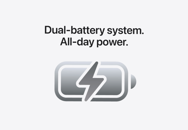 Promotional graphic for the iPhone Duo featuring a battery icon with a lightning bolt under the text "Dual-battery system. All-day power." on a light grey background.