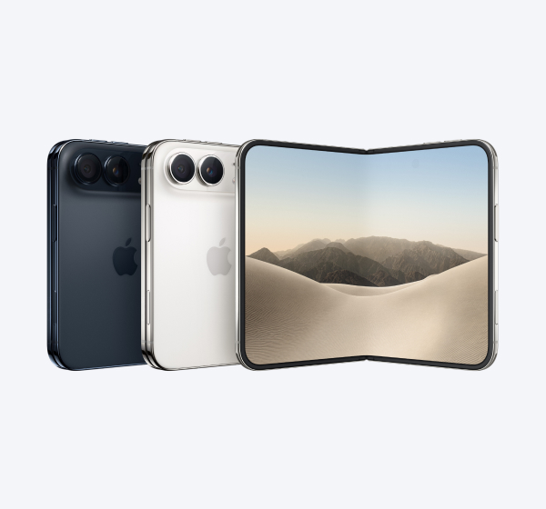 Three iPhone Duo foldables displayed side-by-side in dark blue, silver-white, and an unfolded stance showcasing a desert landscape screen, against a plain white background.