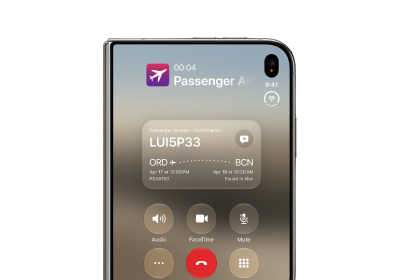 Close-up of the top-right corner of an iPhone Duo displaying an active phone call with "Passenger Air" and a flight confirmation card for a flight from ORD to BCN.