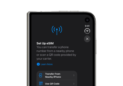 Close-up of the top-right corner of an iPhone Duo displaying a dark mode "Set Up eSIM" screen with options to transfer from a nearby iPhone or scan a QR code.