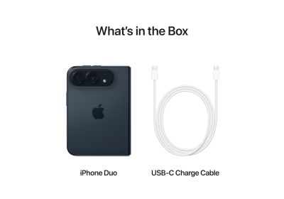 An image titled "What's in the Box" showing the dark grey back of the folded iPhone Duo next to a coiled white USB-C Charge Cable on a plain white background.