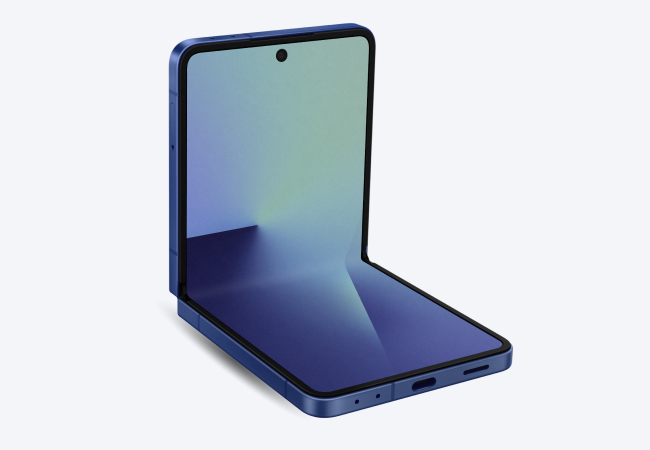 Front view of Samsung Galaxy Flip7 open at a 90 degree angle