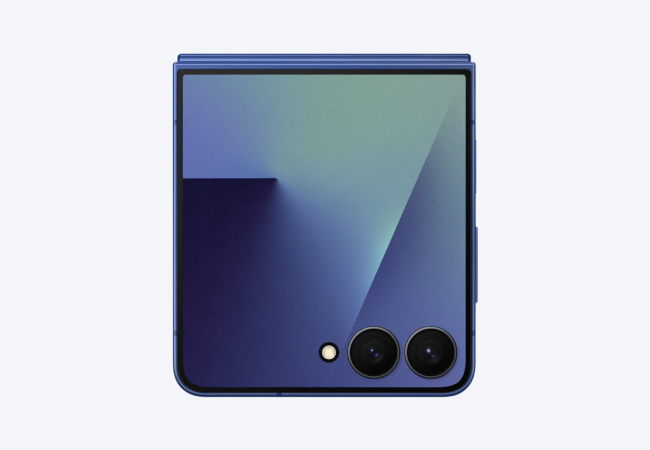 Front view of Samsung Galaxy Flip7 phone folded with camera and cover screen showing